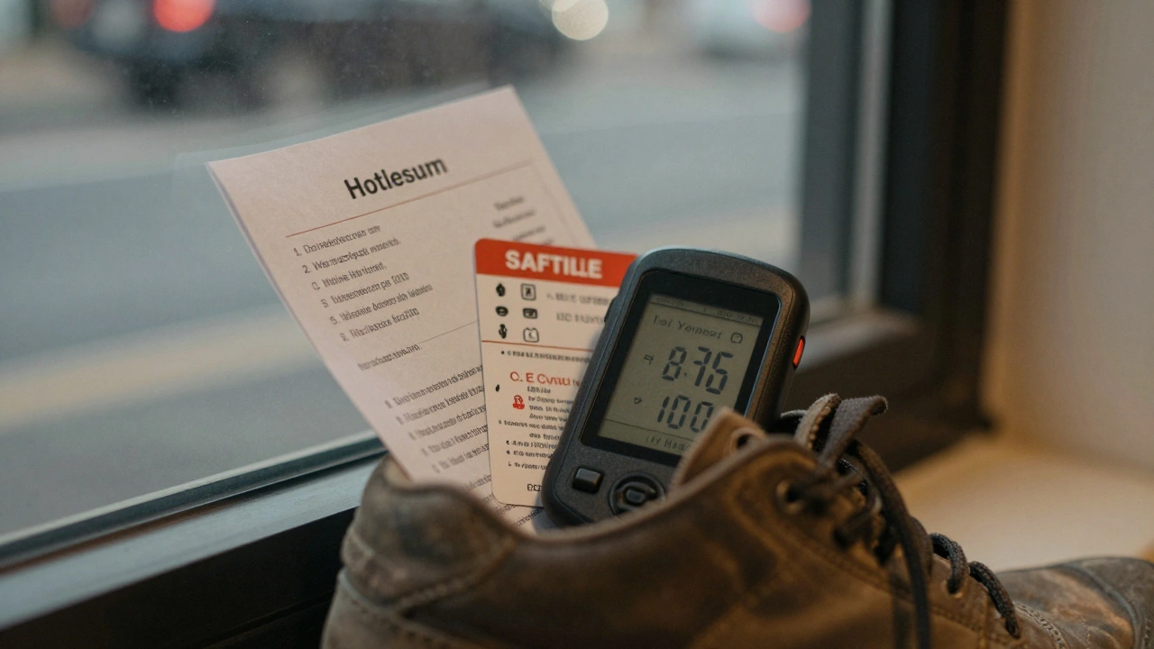 Emergency kit inside a shoe: printed hotline list, GPS tracker, and safety card.