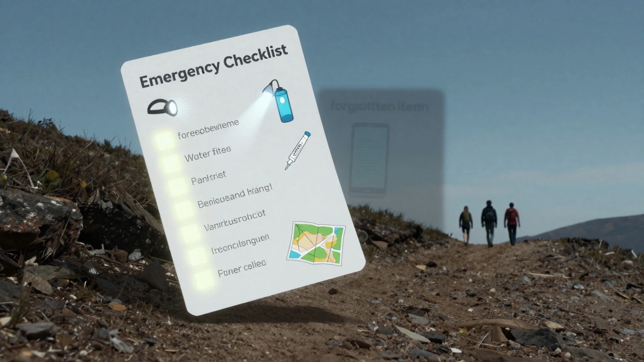 Floating emergency gear icons above a trail, symbolizing preparedness, with guests walking safely forward.