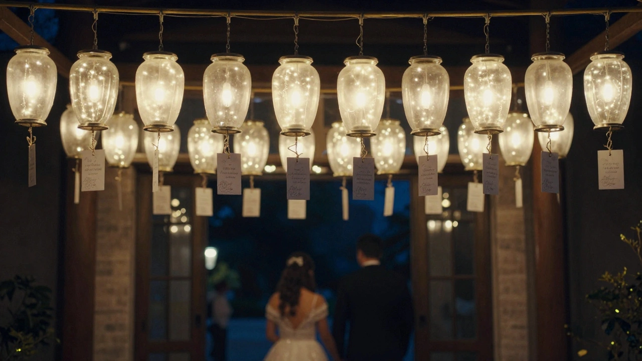 Frosted lanterns glowing with names inside, hanging above a wedding entrance.