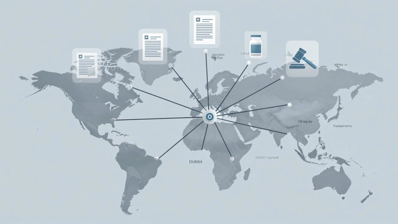 Global map showing required medical transport documents for international travel destinations.