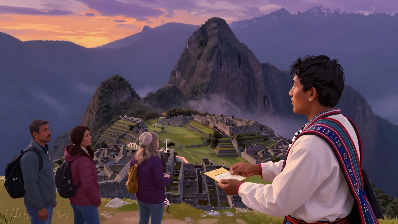 Group of tourists thanking a Peruvian guide at Machu Picchu at dusk.