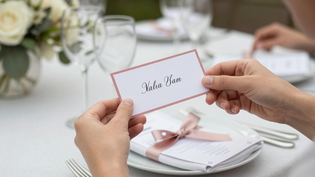 Guest holding an escort card with matching ribbon and napkin, color-coordinated table setting in background.