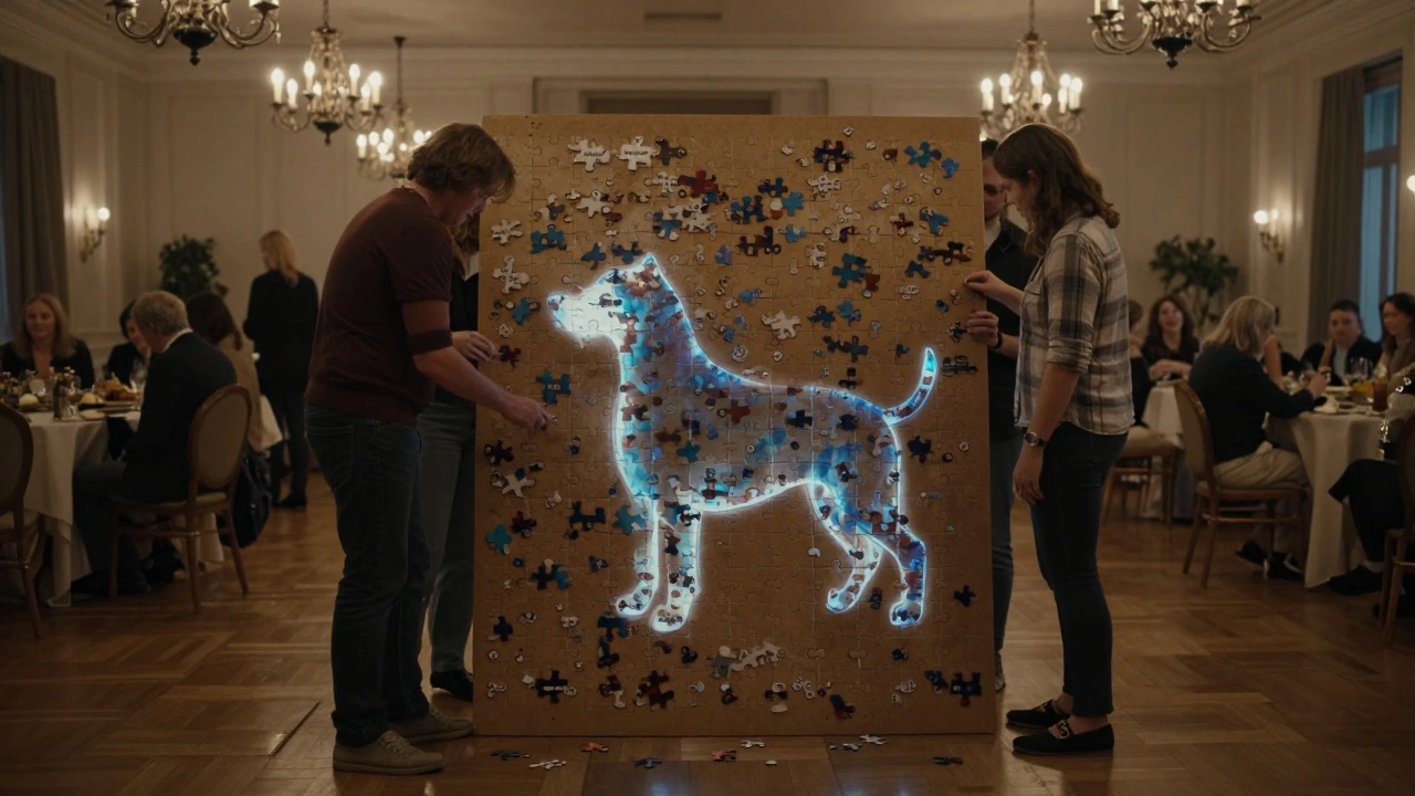 Guests assembling a puzzle shaped like a dog, with named pieces on a central display board.