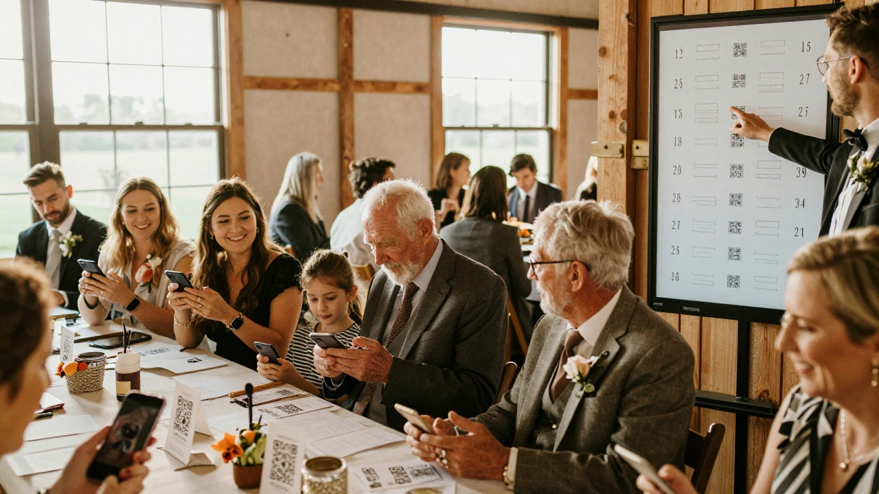 Guests of different ages scanning QR codes on escort cards, smiling as they find their tables in a barn venue.