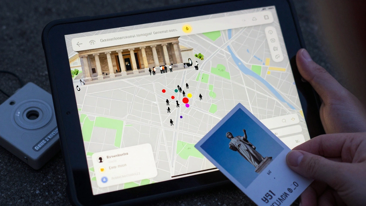Guide monitoring group location on a map while a tourist holds a visual meeting card as backup.