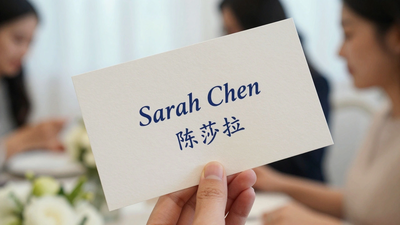 Hand holding a bilingual escort card showing English and Chinese names in matching navy ink on thick paper.