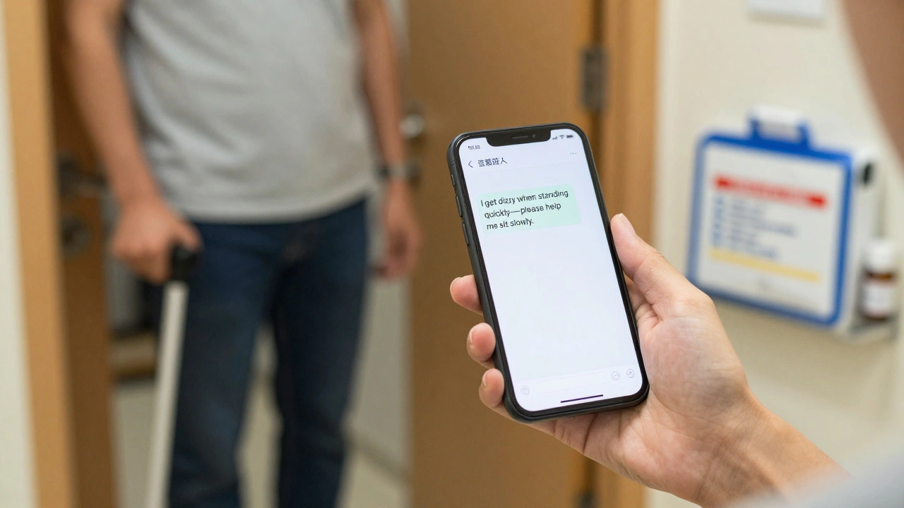 Hand holding phone with pre-trip message to escort, cane and medication bag in background.