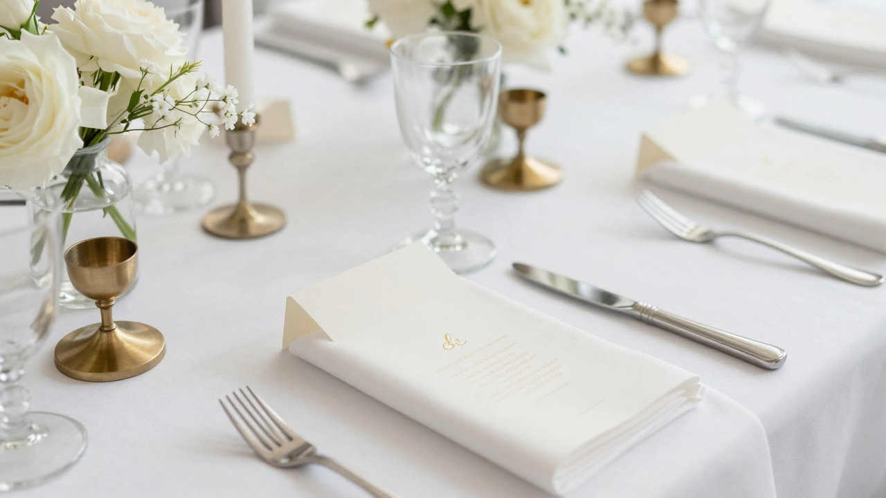 Ivory escort cards with gold foil names on a white table with brass candleholders and clear glass vases.