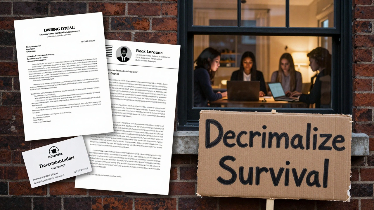 Legal documents and a protest sign pinned to a wall, with a window showing someone working on a laptop indoors.