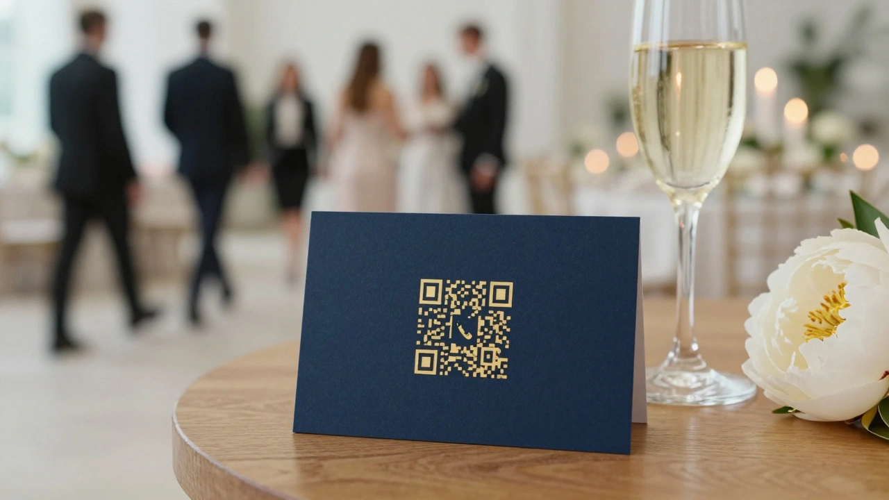 Luxury navy card with gold QR code and scan icon beside champagne and flower, guests moving calmly in background.