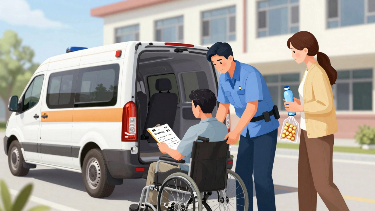Medical escort assisting a wheelchair user at a clinic entrance, with family member nearby.