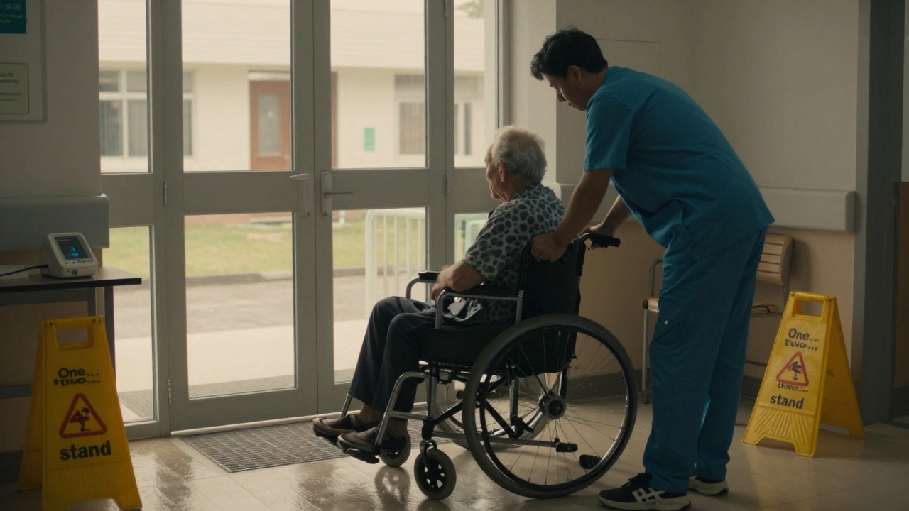 Medical escort helps an elderly patient stand slowly in a clinic entrance, counting aloud while ensuring safe movement.