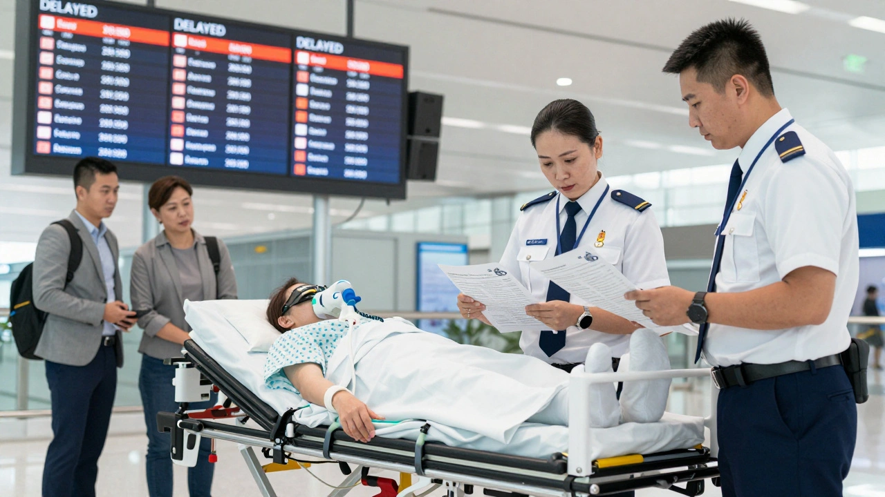 Medical escort team reviews paperwork beside a ventilator-equipped stretcher at an airport.