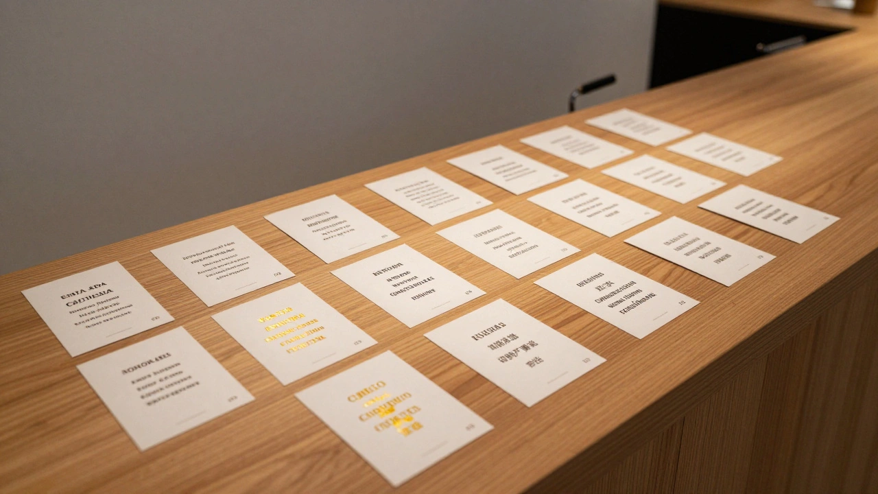 Rows of bilingual escort cards on a wooden table, each with two languages and subtle gold foil detail in soft lighting.