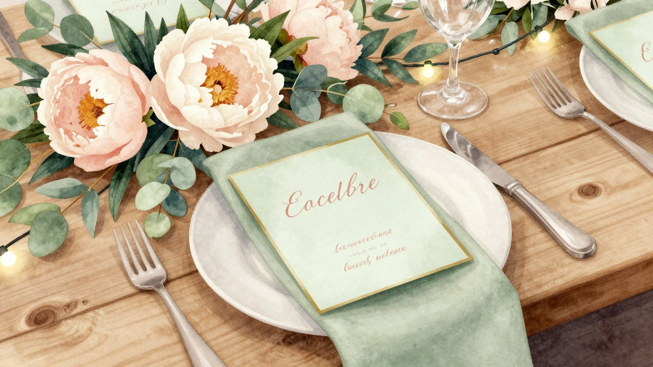 Sage green escort cards with blush text and gold edges beside blush peonies and eucalyptus on a wooden table.