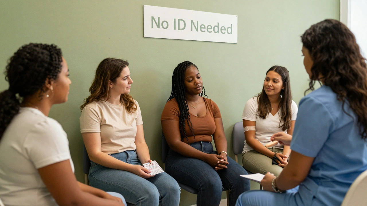 Sex workers receiving care in a welcoming clinic with no-ID policy.