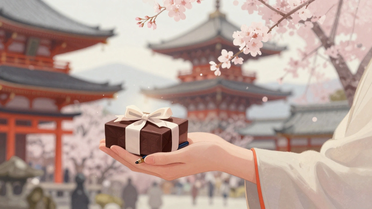 Small gift of chocolates and pen offered to a guide in Kyoto among cherry blossoms.