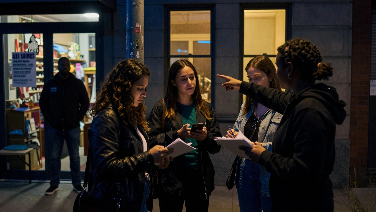 Three sex workers checking in under a streetlamp while a shopkeeper watches from inside, showing community safety networks.