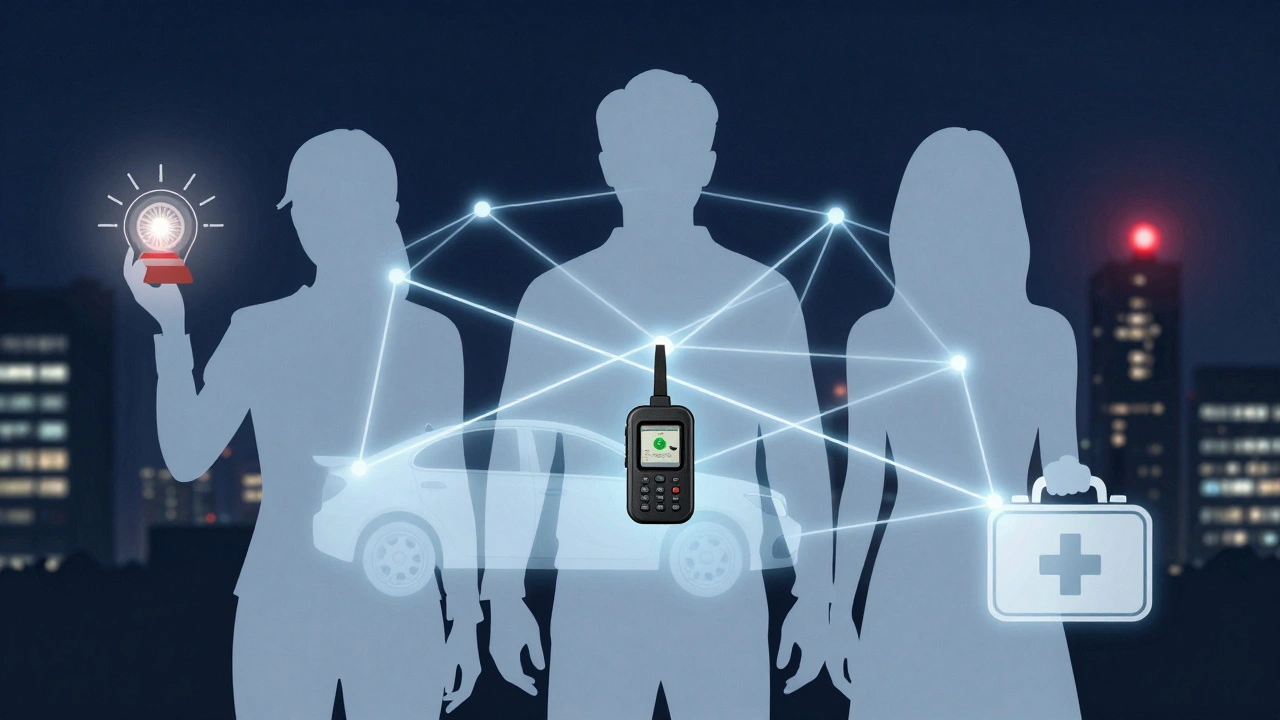 Three transparent safety tools — alarm, tracker, first aid kit — connected by glowing lines in a cityscape.