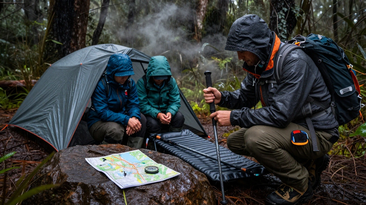 Tour guide repairing gear under bivvy sacks during a cold rainstorm in Tasmania’s rainforest.