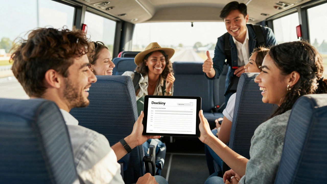 Travelers laughing on a bus, one holding a survey tablet, escort smiling up front.