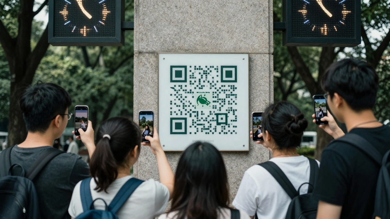 Travelers scanning QR codes at a landmark to view multilingual audio guides on their phones.