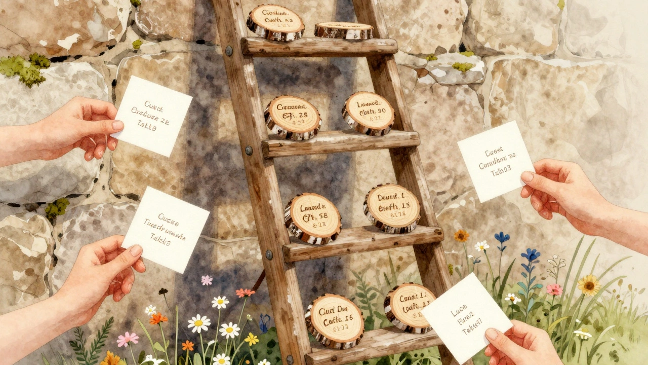 Wooden name tags hanging on a rustic ladder, symbolizing reusable wedding keepsakes.